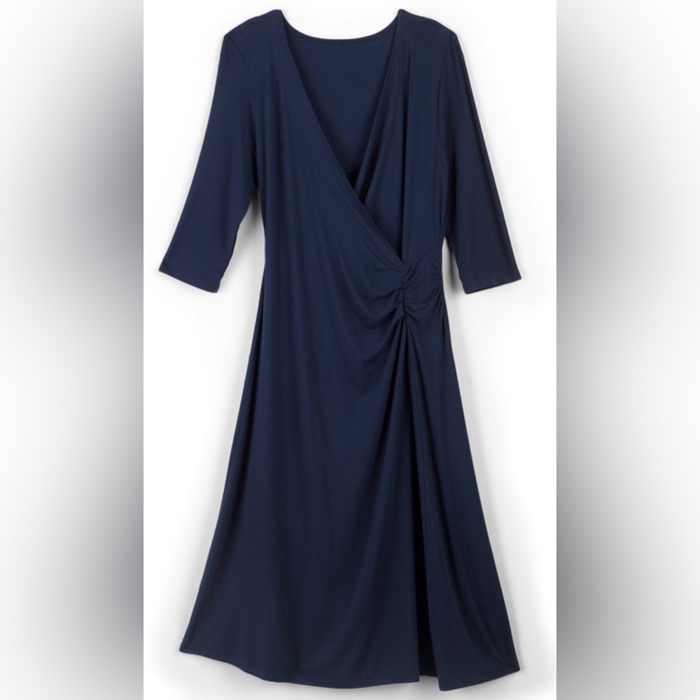 Soft Surroundings Hyannis Faux Wrap Ruched Rayon Blend Navy Dress SZ 1X NEW